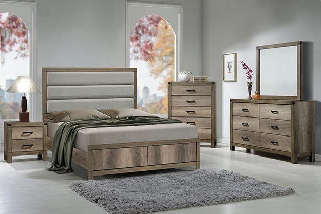 Gray and brown channel-upholstered bedroom set with storage bed