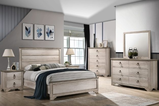 Whitewash bedroom set with dresser, mirror, chest, and nightstand