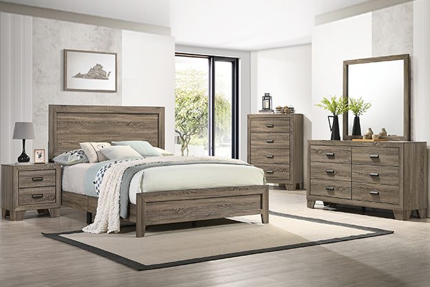Driftwood gray bedroom set with bed, nightstand, dresser, mirror, and chest
