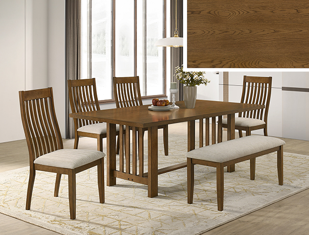 Mission craftsman dining set — warm oak table with vertical-slat chairs and a cushioned bench — in stock at BoxDrop of Angola