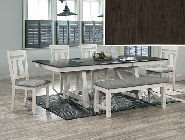 Two-tone farmhouse dining set — white base with a charcoal extendable top, upholstered chairs, and a bench — in stock at BoxDrop of Angola