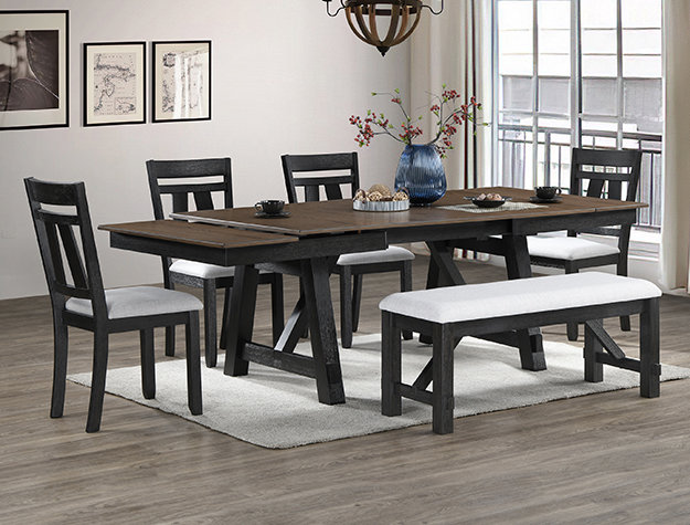 Farmhouse trestle dining set — black base with a brown extendable top, chairs, and a bench — in stock at BoxDrop of Angola