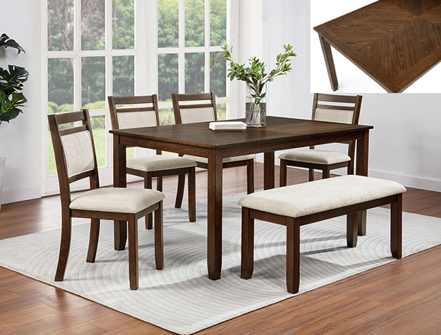 Transitional walnut dining set — warm brown table with upholstered-back chairs and a bench — in stock at BoxDrop of Angola