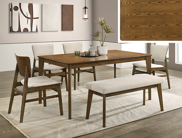 Mid-century modern dining set — walnut table with tapered legs, curved upholstered chairs, and a bench — in stock at BoxDrop of Angola