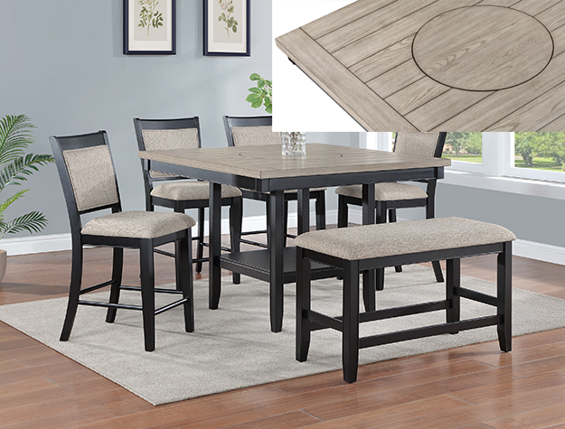 Counter-height dining set — taller black-and-gray table with upholstered stools and a bench — in stock at BoxDrop of Angola