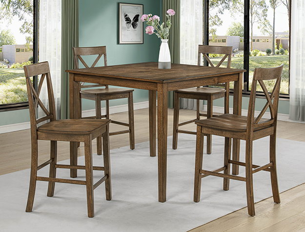 Counter-height pub dining set — warm oak table with four X-back stools, a five-piece set — in stock at BoxDrop of Angola