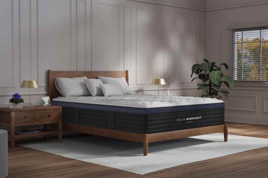 Helix mattress in a styled bedroom — plush, firm, hybrid, and adjustable mattresses, brand new and in plastic at BoxDrop of Angola