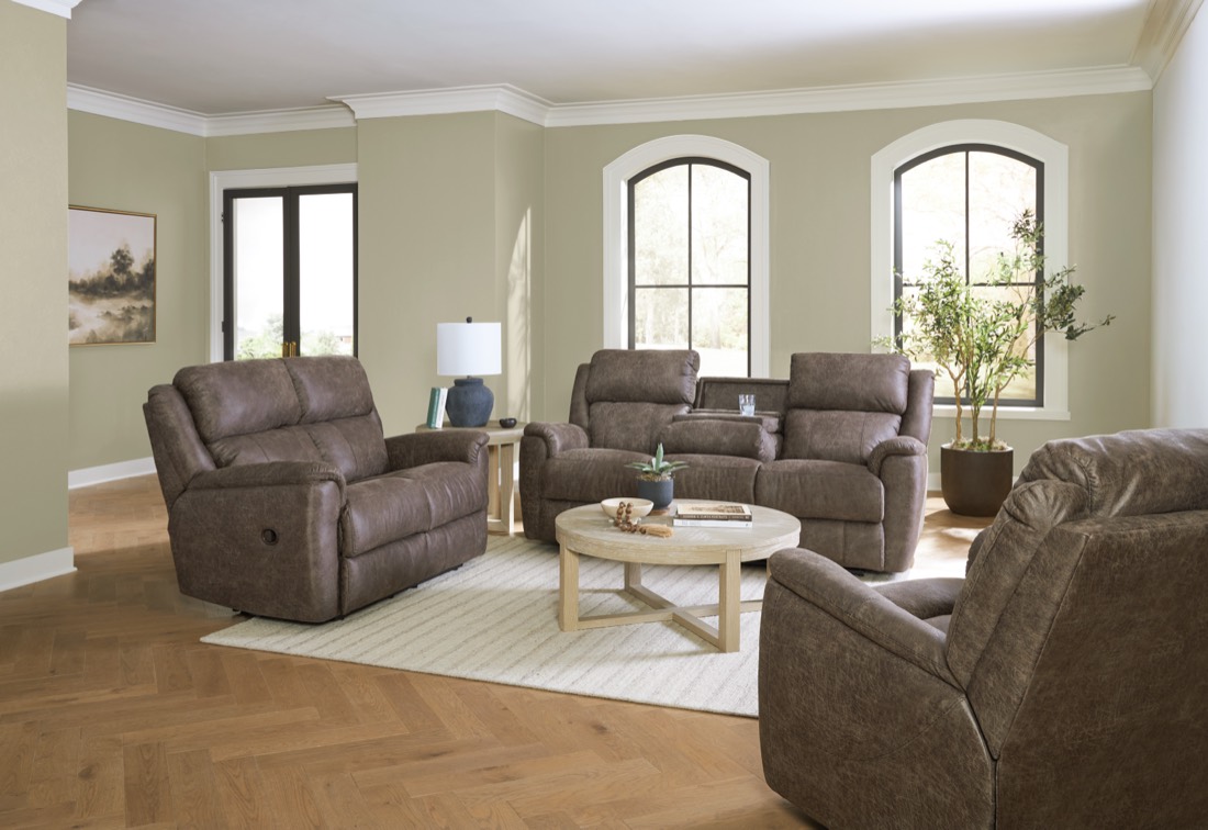 Brown reclining living room set with sofa, console loveseat and recliner — in stock at BoxDrop of Angola