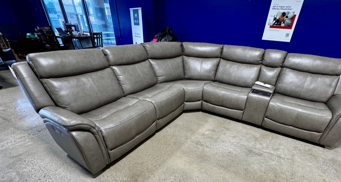 6-piece power leather sectional with zero-gravity recliners, brand new on the BoxDrop showroom floor