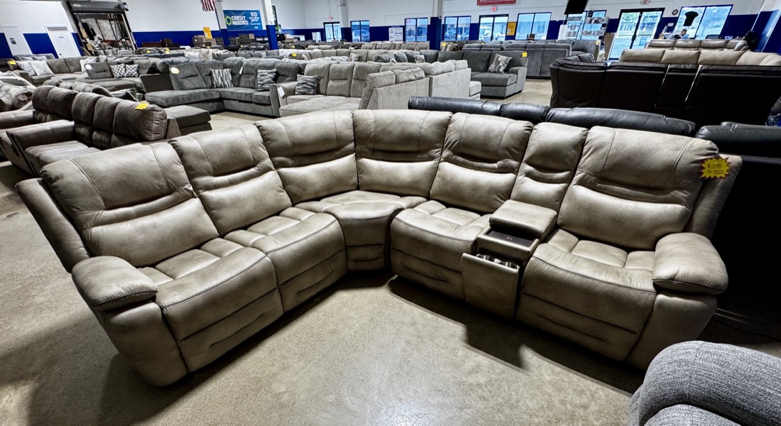 3-piece reclining sectional in tan, brand new on the BoxDrop showroom floor